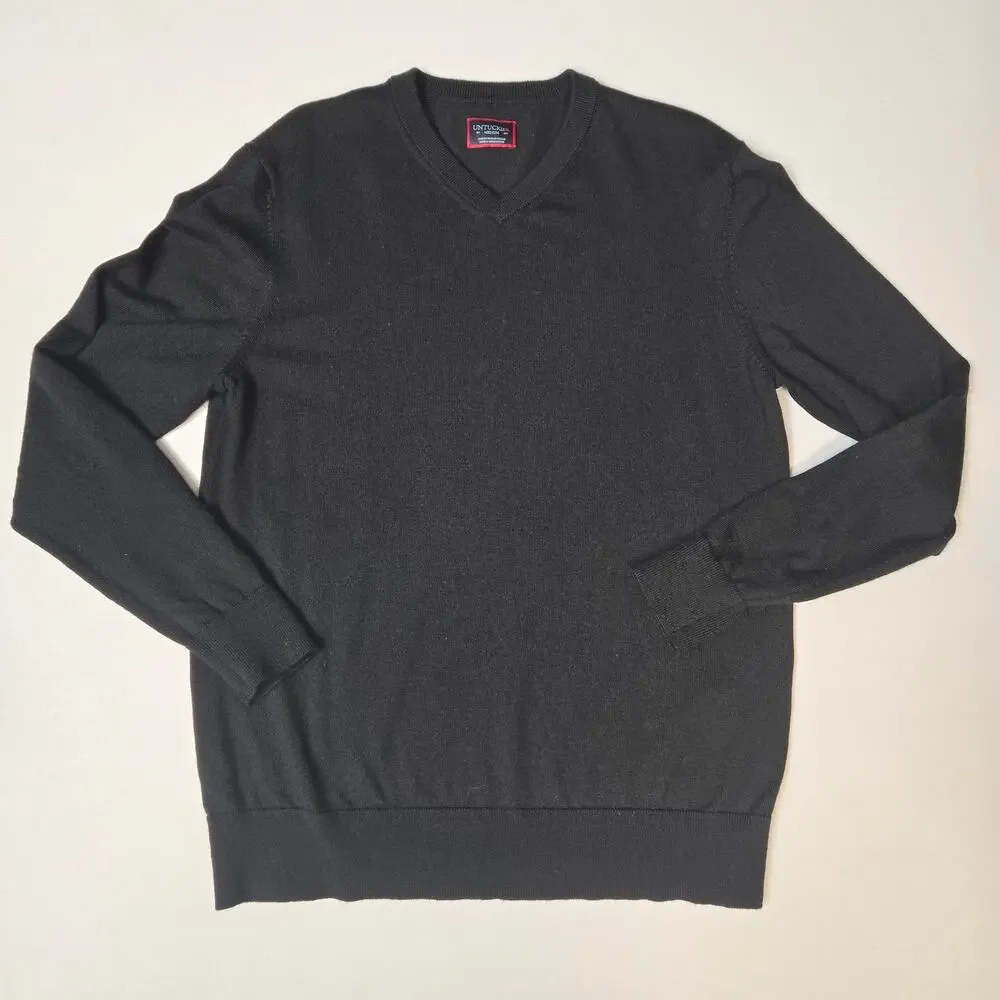 Untuckit Sweater Mens Medium Black 100% Merino Wool V Neck Pullover Preppy Knit